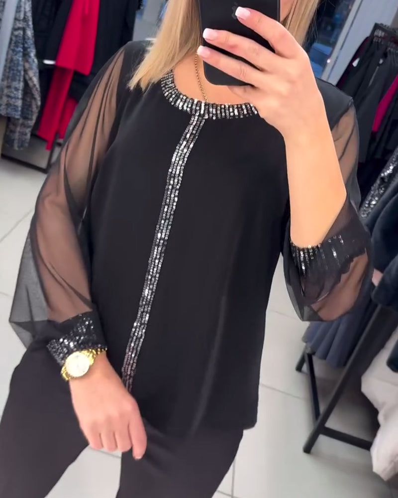 Bluse Mit Paillettenpanel Und Langen Ärmeln