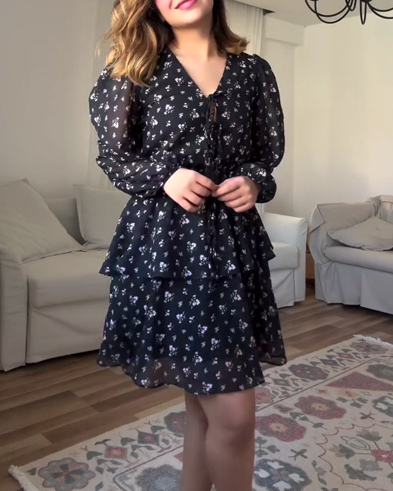 Kleid Puffärmel Lagen Blumenmuster