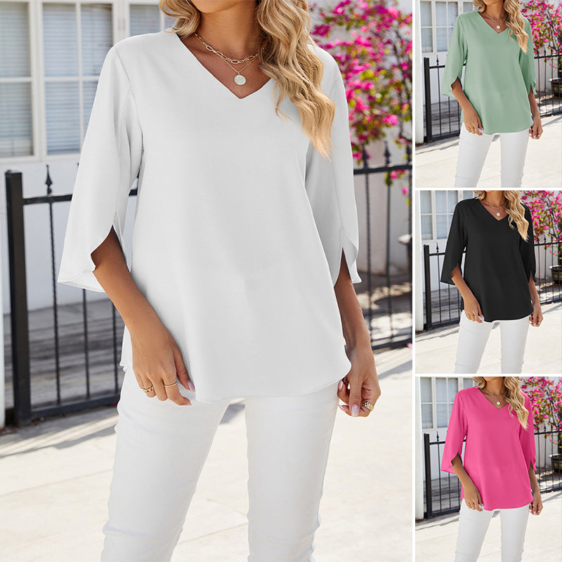 Unifarbenes Shirt mit V-Ausschnitt aus lockerem Chiffon