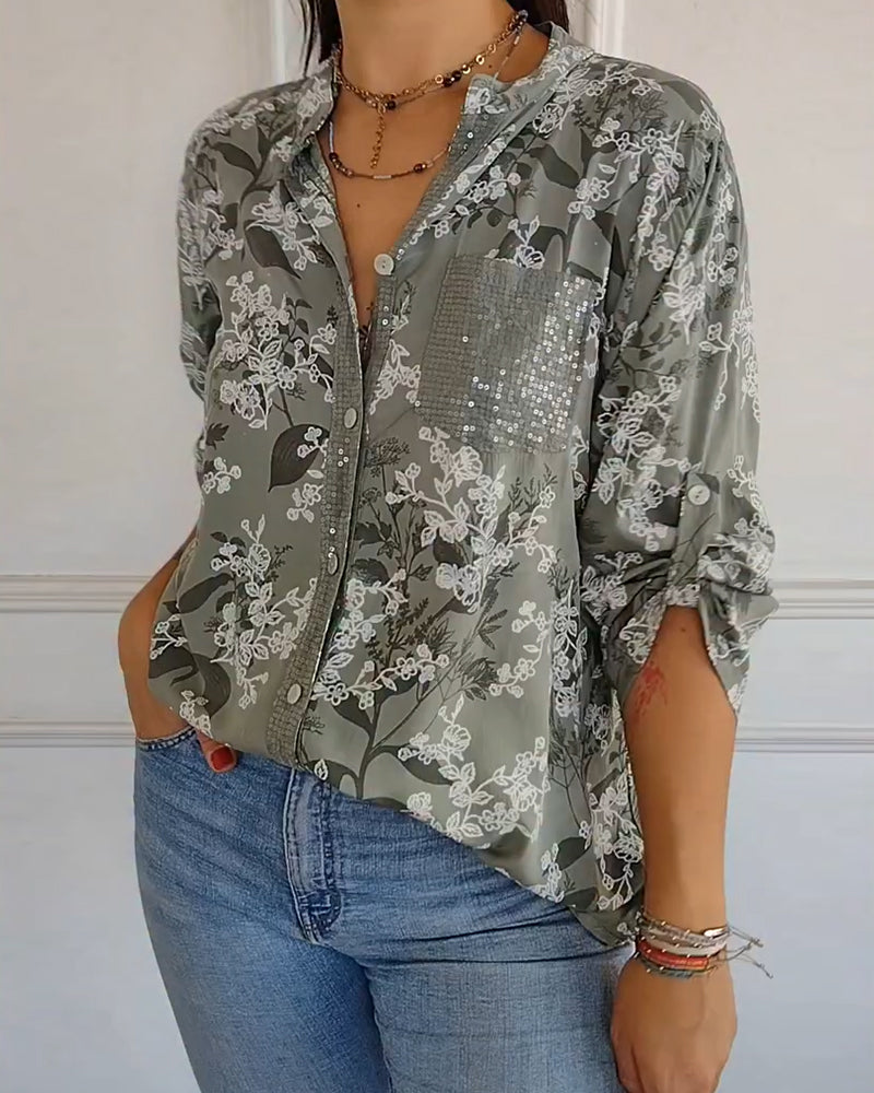 Bluse Langarm Blumenmuster Paillettentasche