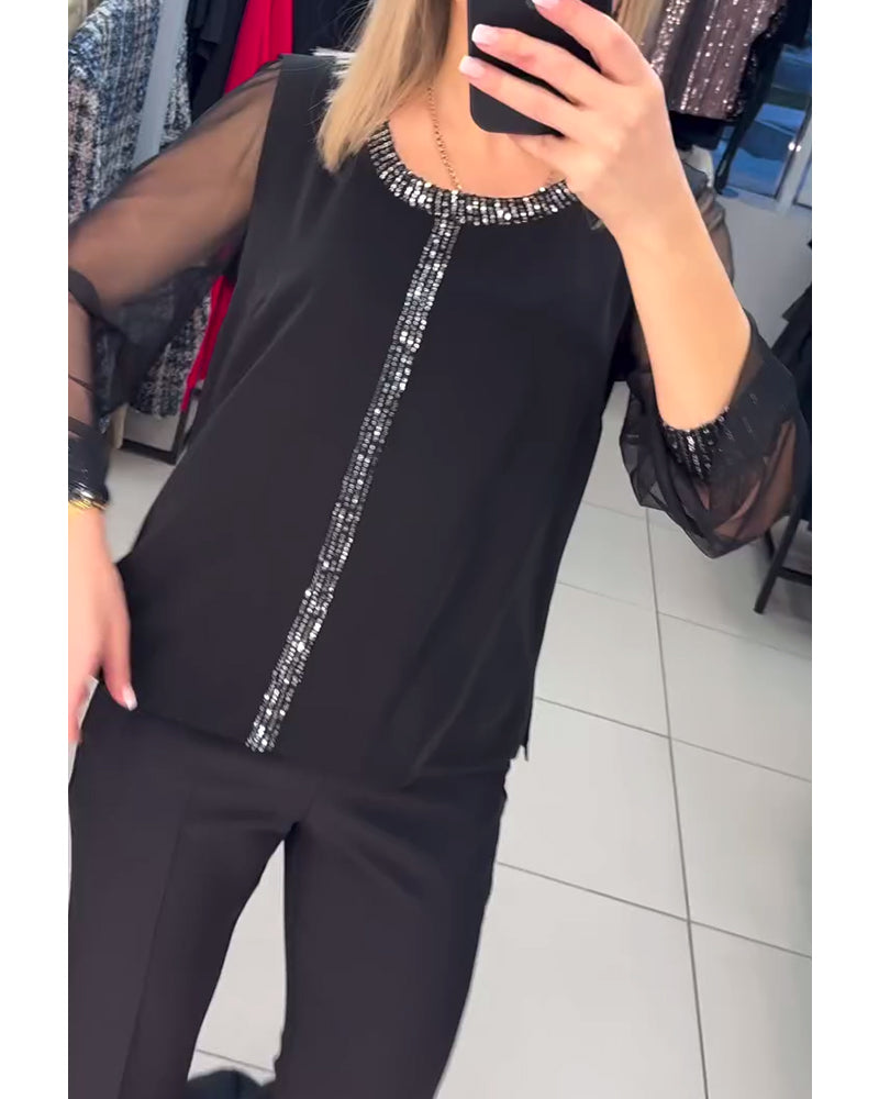 Bluse Mit Paillettenpanel Und Langen Ärmeln