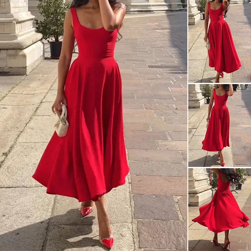 Trägerkleid mit quadratischem Ausschnitt und hoher Taille