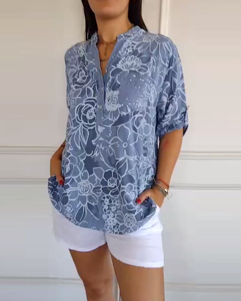 Bluse V-Ausschnitt Button-Down Bedruckt