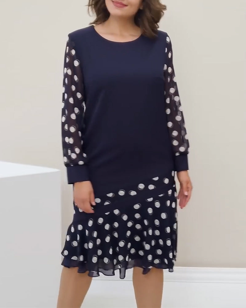 Kleid Rundhals Langarm Polka Dot