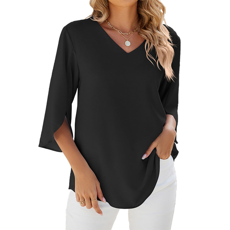 Unifarbenes Shirt mit V-Ausschnitt aus lockerem Chiffon