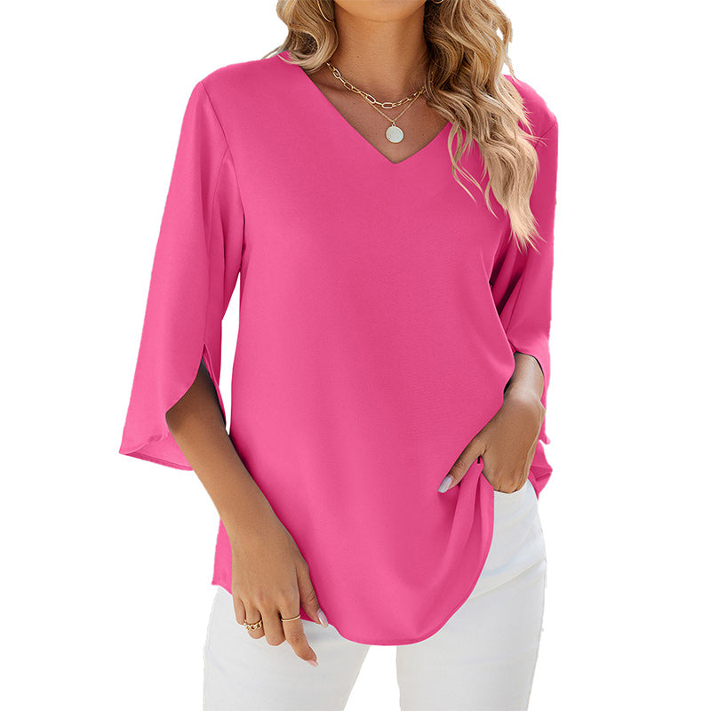 Unifarbenes Shirt mit V-Ausschnitt aus lockerem Chiffon