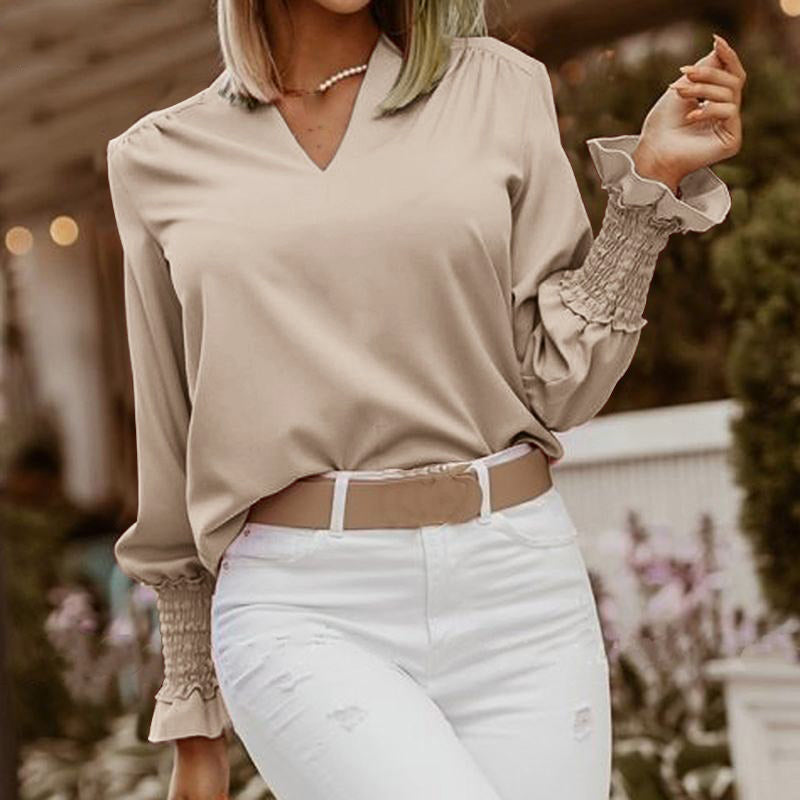 V-Neck Long Sleeve Loose Casual T-Shirt