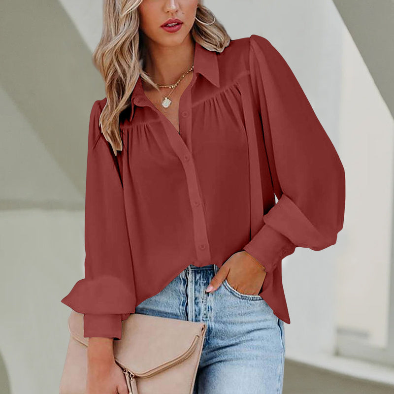 Balloon Sleeve Pleated Stand Collar Loose Shirt