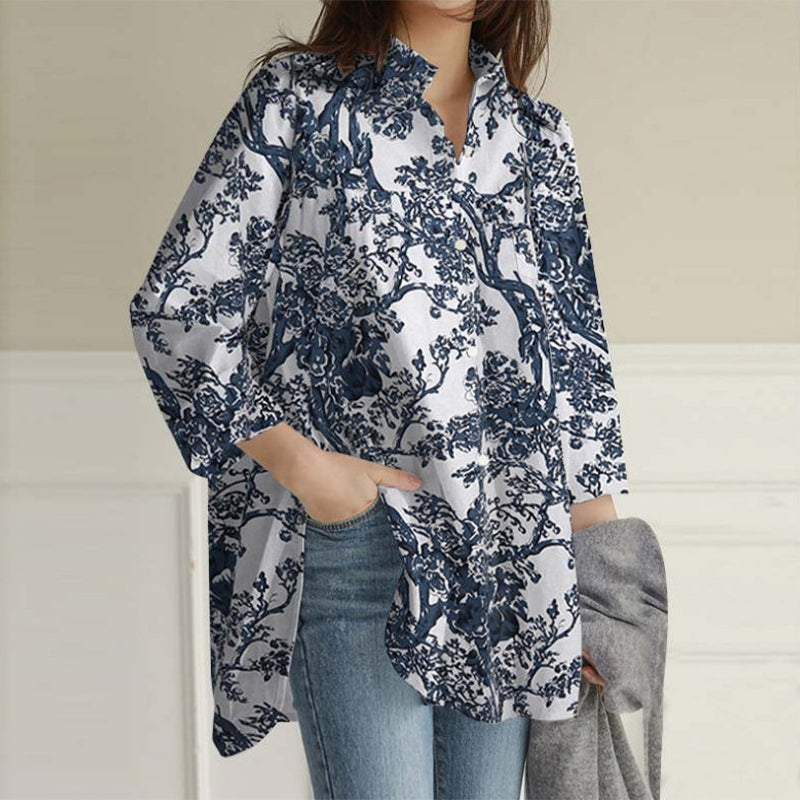 Irregular Long Sleeve Cotton Linen Print Shirt