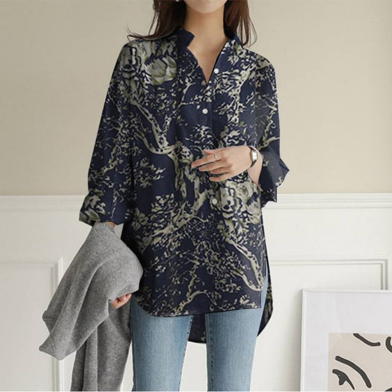 Irregular Long Sleeve Cotton Linen Print Shirt