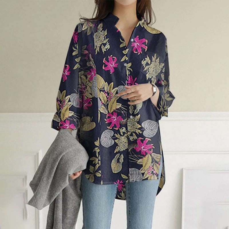 Irregular Long Sleeve Cotton Linen Print Shirt